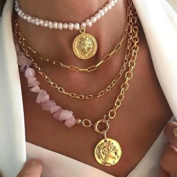 Free People Jewelry - 4 chain necklace set coins pearl bohemian stacking layering